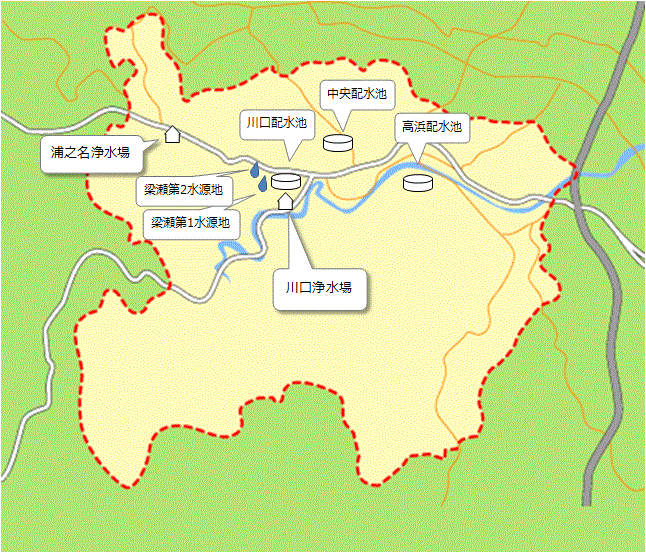 高岡地区の浄水場、水源地のマップ