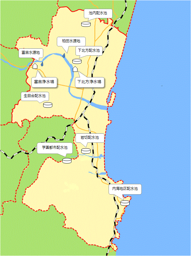 旧宮崎市地区の浄水場、水源地、配水池のマップ