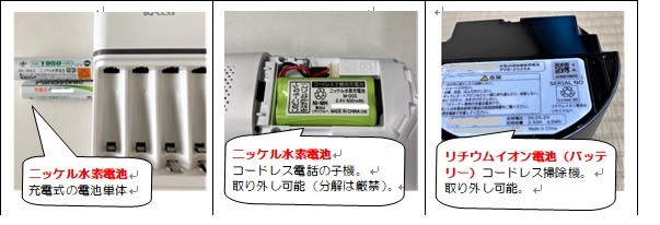 ご家庭で使用している充電式の製品に使用している電池の説明写真